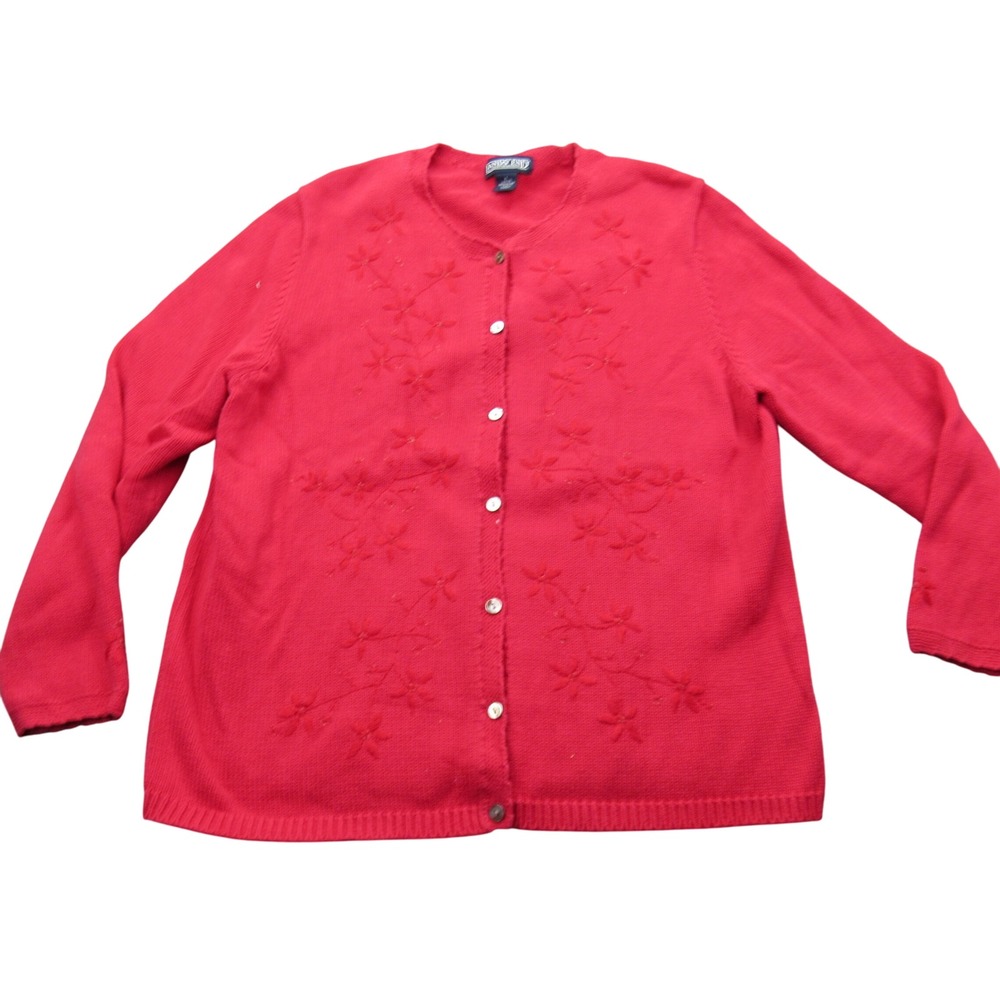 Lands End Red Embroidered Button Front Cardigan Sweater Women Size Large